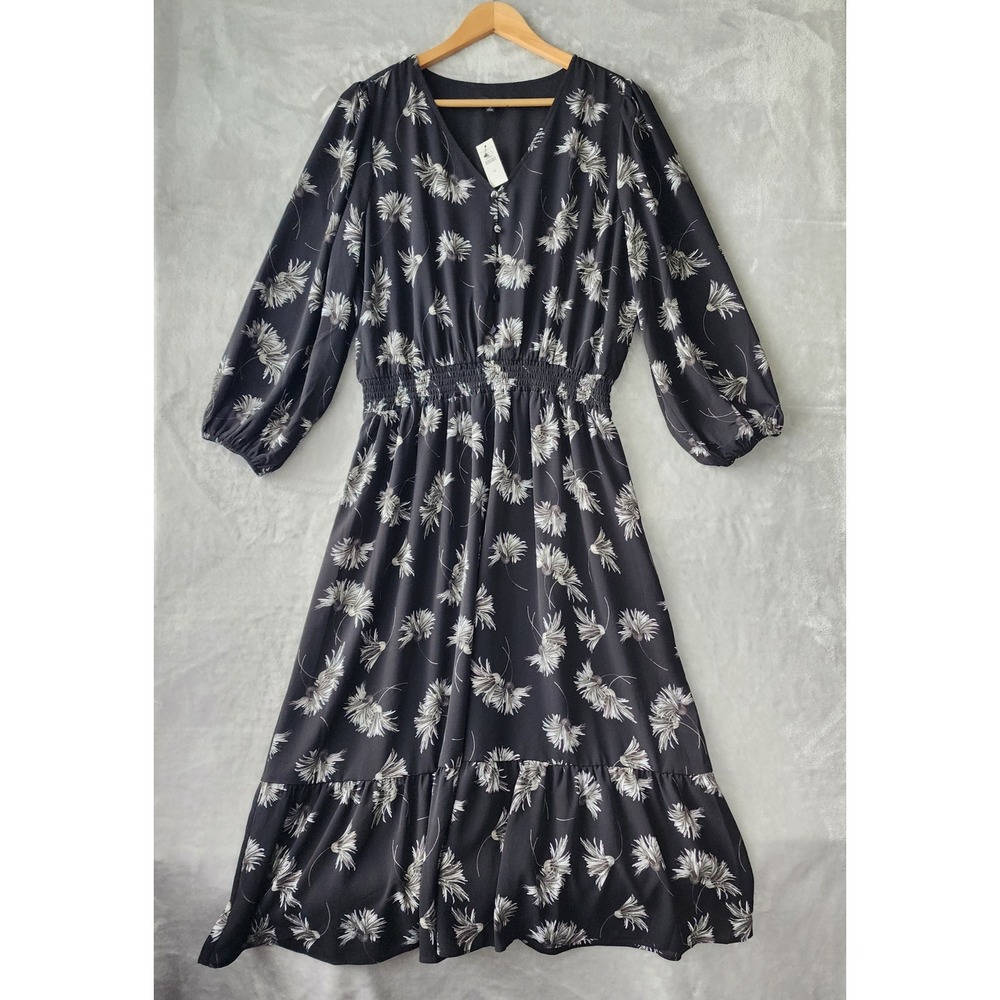 Talbots Dress Size 14 Black Floral Smocked Waist Stretch Crepe Tiered Hem NWT